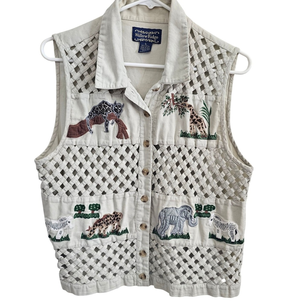 Willow Ridge Safari Animal Embroidered Lattice Cut Out Cotton Vest Tan Large L